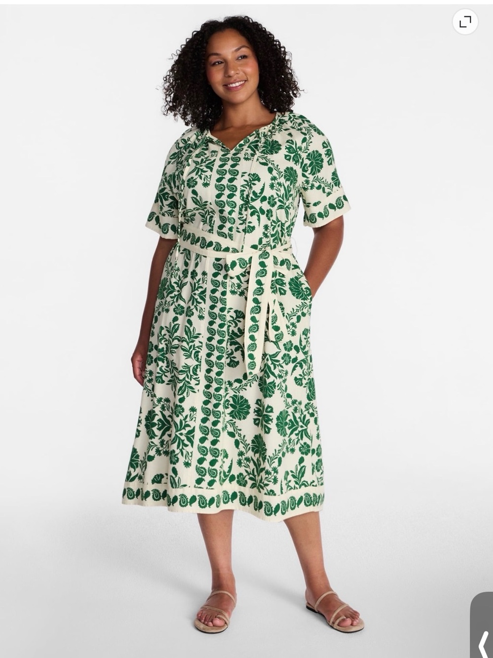 Green and Cream Border Print Linen Blend Mini Floral Belted Dress